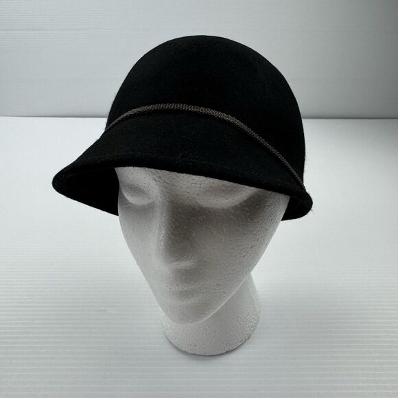 Black 100% Wool Cloche Hat Women’s Vintage Style Bucket Cap Metallic Braid Trim - Picture 2 of 13